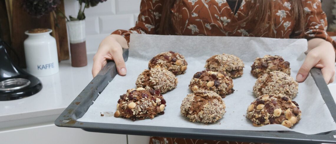rugsnacks med chokolade og tranebær